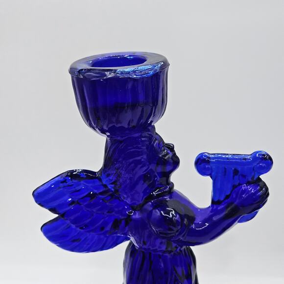 Vintage Cobalt Blue Glass Angel Candlestick Holders Musical Angel Harp Figurines - Picture 4 of 9